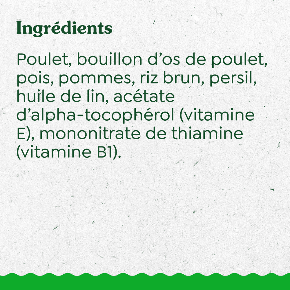 GREENIES(MC) GARNITURE DE REPAS Recette avec poulet, pois, pommes et riz brun ingredients image