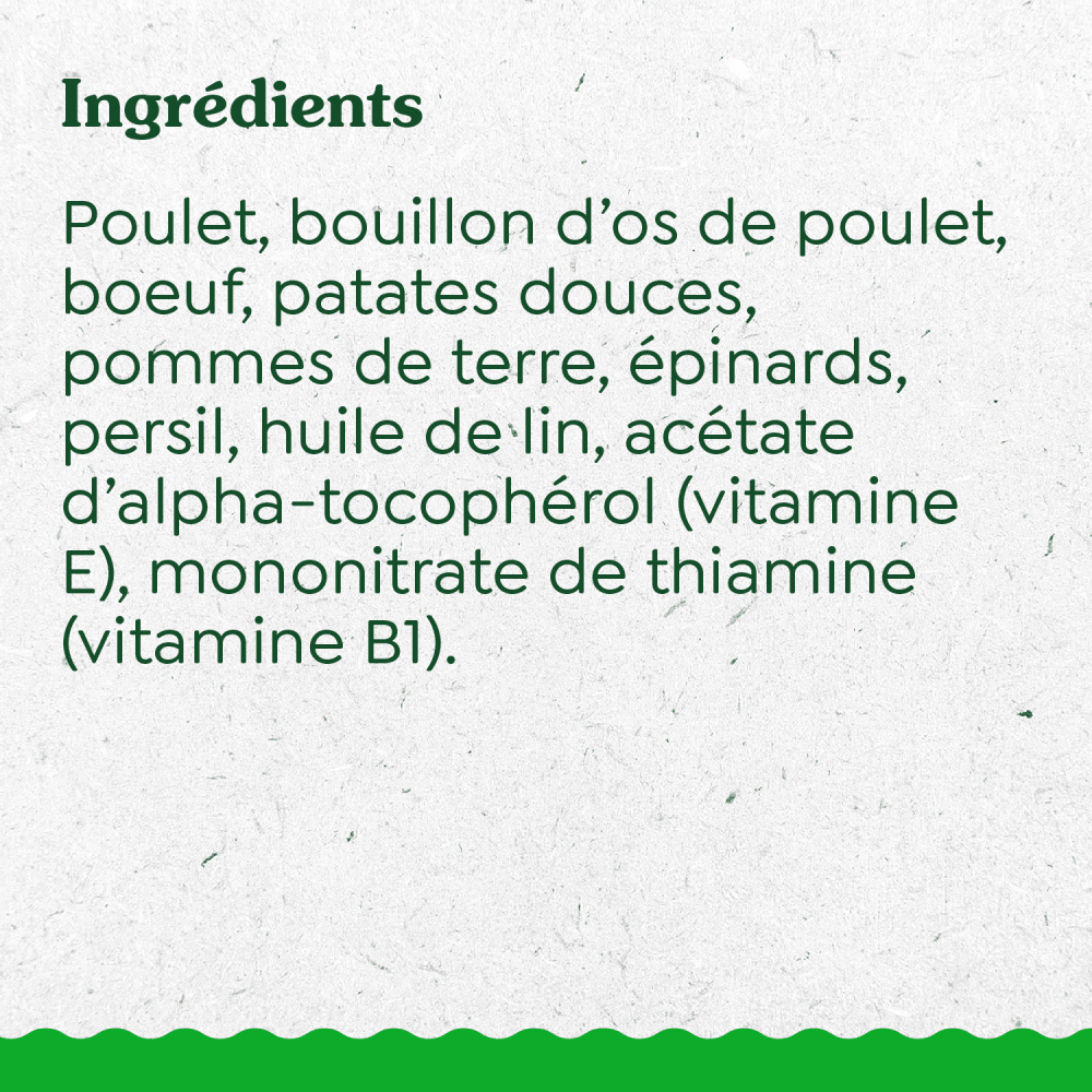 GREENIES(MC) GARNITURE DE REPAS Recette avec poulet, bœuf, patates douces, pommes de terre et épinards ingredients image
